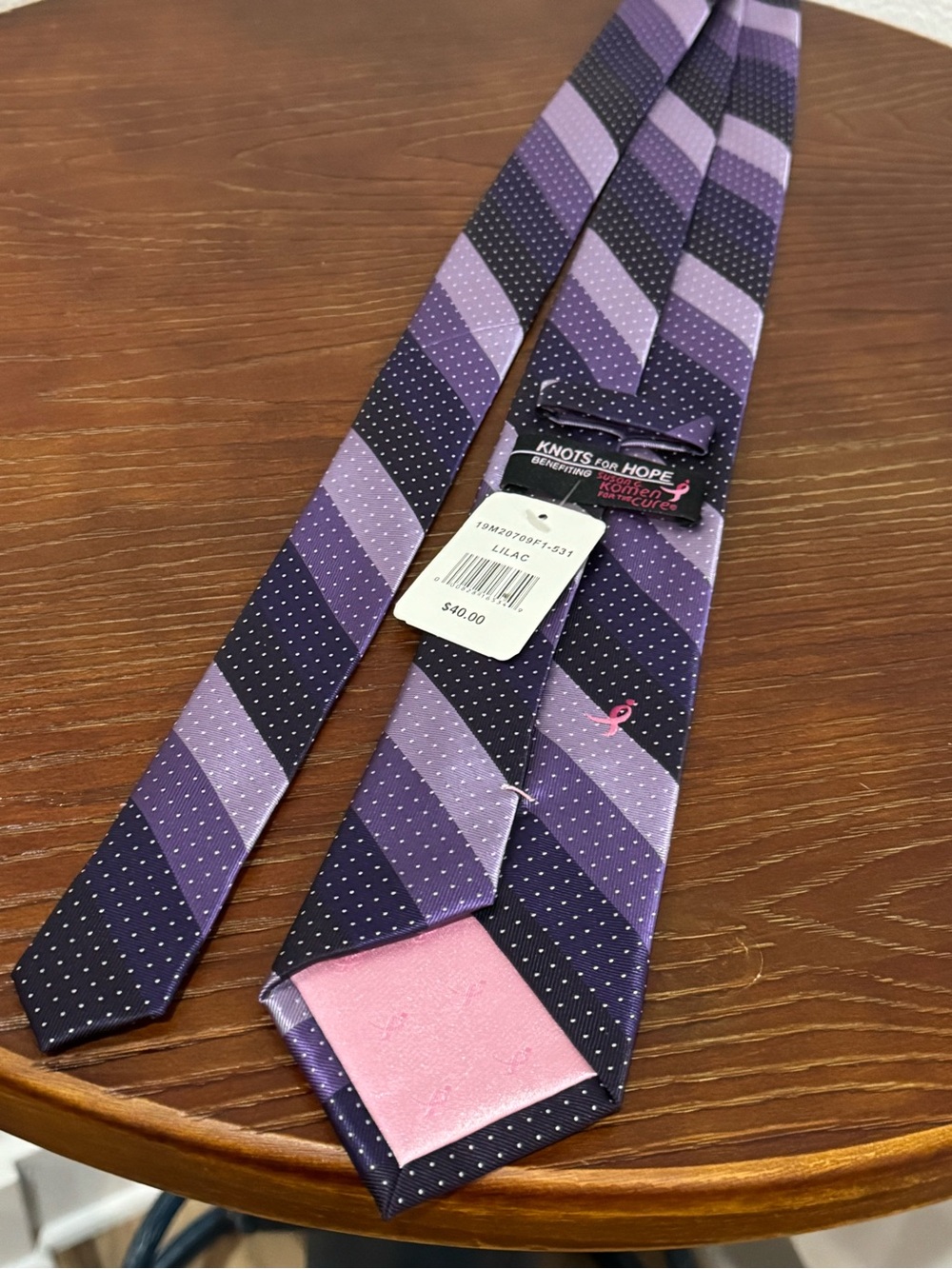 NWT Susan G Komen Men's Purple Striped Neck Tie Pink Ribbon - Knots for Hope - Picture 4 of 7